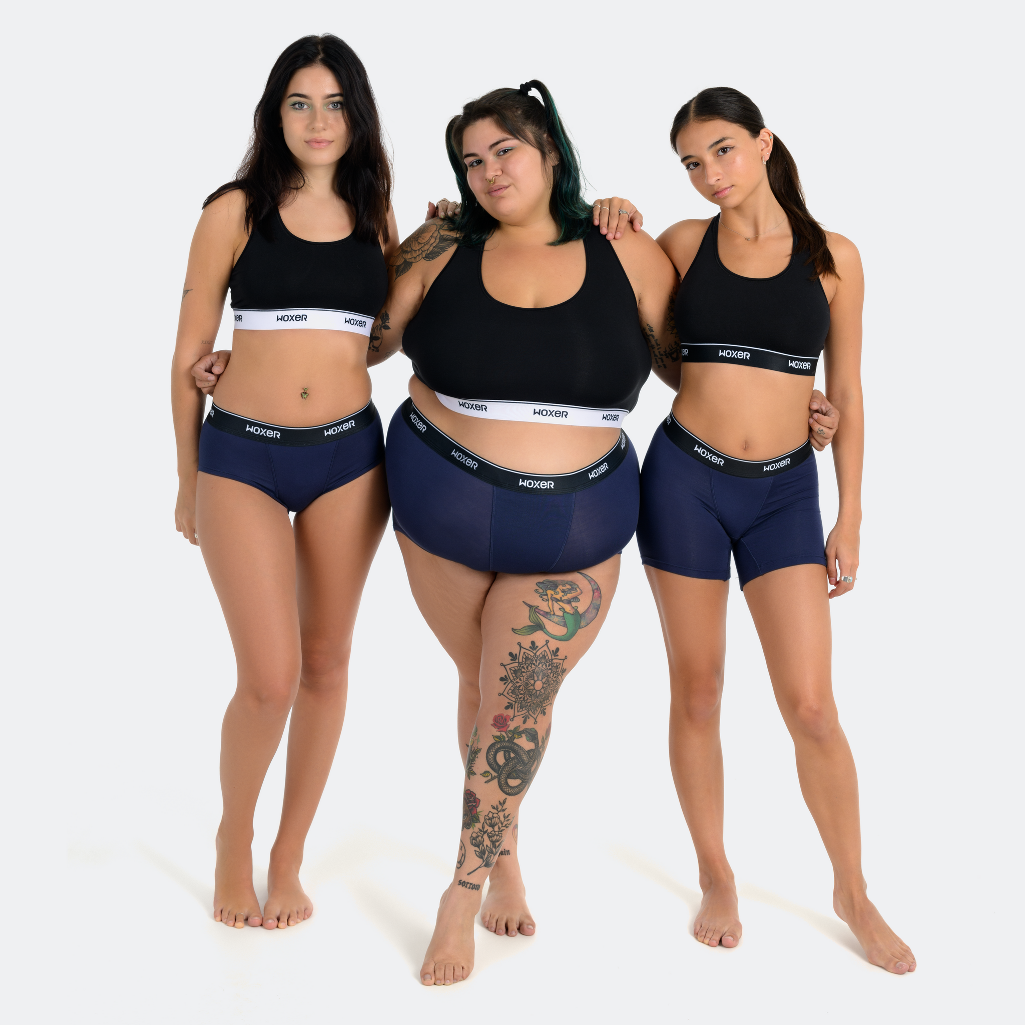 Emilie wears a size S, Blue wears a size 3XL, Sophia wears a size XS